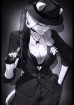  1girl alternate_costume animal_ears belt black_bra black_pants bra braid braided_ponytail breasts cleavage commentary fedora greyscale gun hat highres hololive lion_ears monochrome open_clothes open_shirt over_shoulder pants pump_action shishiro_botan shotgun solo spas-12 tail tamamoice trigger_discipline underwear untranslatable_commentary weapon weapon_over_shoulder 