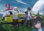  4girls animal_ears arknights arknights:_endfield ashen_illust bird_ears bird_girl black_hair black_pantyhose blue_eyes breasts chen_qianyu_(arknights) commentary dragon_girl dragon_horns dragon_tail dress eastern_dragon_horns endministrator_(arknights) female_endministrator_(arknights) gloves highres horns jacket janitor long_hair looking_at_viewer multiple_girls off_shoulder open_clothes open_mouth pantyhose perlica_(arknights) skirt tail twintails yvonne_(arknights) 