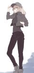  1girl adjusting_clothes adjusting_headwear baseball_cap black_pants blonde_hair blue_eyes breasts closed_mouth collared_shirt commentary_request expressionless full_body grey_hat grey_shirt grey_shoes hand_in_pocket hat high_ponytail highres kawaii_dake_ja_nai_shikimori-san koma_kitsune_(kururito) long_hair long_sleeves looking_at_viewer medium_breasts open_clothes open_shirt pants ponytail shikimori_miyako shirt shoes solo standing 