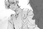  1boy 1girl armpit_crease bishounen blunt_ends blurry breasts character_request closed_mouth covered_collarbone depth_of_field faceless faceless_female facing_to_the_side gem genshin_impact greyscale highres japanese_clothes jlypih kimono looking_at_another mandarin_collar medium_breasts monochrome oc_x_canon open_clothes open_kimono open_mouth original scaramouche_(genshin_impact) short_sleeves shoulder_peek side_cape single_bare_shoulder smile tsurime vision_(genshin_impact) wanderer_(genshin_impact) white_background wispy_bangs wolf_cut 