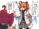  2girls :d @_@ a.i._voice adachi_rei ahoge air_conditioner belt black_pantyhose black_shirt commentary_request cowboy_shot datemegane double-parted_bangs gloves grey_skirt highres jacket kasane_teto kasane_teto_(utau) long_sleeves multiple_girls one_side_up open_clothes open_jacket open_mouth orange_belt orange_eyes orange_hair pantyhose red_hair shirt short_hair simple_background skirt smile translation_request turtleneck turtleneck_shirt utau v-shaped_eyebrows white_background white_gloves white_jacket 