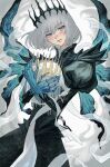  1boy arthropod_boy arthropod_limbs blue_eyes blush commentary_request cowboy_shot crown fate/grand_order fate_(series) grand_servant_(fate/grand_order) grey_background grey_hair holding holding_detached_head imicoru juliet_sleeves long_sleeves looking_at_viewer male_focus medium_hair multiple_wings oberon_(fate) oberon_(third_ascension)_(fate) open_mouth puffy_sleeves robe shirt solo wings 