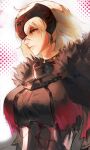  1girl absurdres ahoge armor armored_dress black_armor breasts chain closed_mouth commentary dress fate/grand_order fate_(series) fur_trim headpiece highres jeanne_d'arc_alter_(avenger)_(fate) jeanne_d'arc_alter_(avenger)_(first_ascension)_(fate) jeanne_d'arc_alter_(fate) large_breasts notepic plackart profile short_hair simple_background solo upper_body white_hair yellow_eyes 