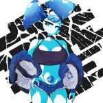  1girl blue_hair blue_skirt breasts cleavage colored_skin highres humanoid_robot jenny_wakeman joints large_breasts looking_at_viewer mechanical_hair metal_skin my_life_as_a_teenage_robot robot robot_girl robot_joints skirt smile solo somflo00 twintails 