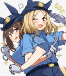  2girls admire_vega_(umamusume) animal_ears blonde_hair blue_shirt blue_skirt blush breasts brown_hair collared_shirt commentary_request cuffs ear_covers ears_through_headwear gloves hair_between_eyes handcuffs hat highres holding holding_handcuffs horse_ears horse_girl horse_tail locked_arms long_hair looking_at_viewer medium_breasts multiple_girls narita_top_road_(umamusume) one_eye_closed open_mouth police police_hat police_uniform policewoman purple_eyes seiji_(artman) shirt short_hair short_sleeves skirt smile tail umamusume white_gloves 