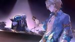  2boys absurdres aventurine_(honkai:_star_rail) aventurine_(waveflair)_(honkai:_star_rail) bad_link bad_miyoushe_link black_gloves black_jacket blonde_hair blue-tinted_eyewear blue_shirt blue_streaks bracelet buttons card chalice collared_shirt cup dark-skinned_male dark_skin desk double-breasted ear_piercing earrings eyewear_on_head faceless faceless_male floral_print floral_print_shirt formal_clothes game_asset gloves hair_intakes hawaiian_shirt highres holding holding_card honkai:_star_rail honkai_(series) hoop_earrings jacket jewelry lapels long_sleeves looking_at_another multicolored_hair multiple_boys neck_tattoo necklace necktie notched_lapels official_art open_clothes open_shirt pectoral_cleavage pectorals piercing print_shirt purple_eyes ring shirt short_hair sitting smile spotlight streaked_hair sugilite_(honkai:_star_rail) sugilite_(stoneheart's_oath_ring)_(honkai:_star_rail) sunglasses tattoo tinted_eyewear two-tone_hair weighing_scale white_hair white_shirt yellow_necktie 