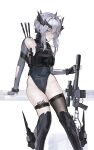  1girl arm_support bolt_action cowboy_shot cyan_brain expressionless fingerless_gloves gloves grey_hair gun highres horns leotard looking_at_viewer original q_the_fix rifle single_thighhigh sniper_rifle solo suppressor tactical_clothes thigh_strap thighhighs ump45m weapon 