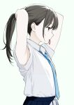  1girl absurdres armpit_focus armpits arms_up blue_necktie blue_skirt bra bra_visible_through_clothes brown_eyes brown_hair collared_shirt commentary_request cowboy_shot expressionless from_side hair_tie hair_tie_in_mouth highres long_hair looking_ahead mouth_hold necktie original pink_bra pleated_skirt ponytail profile school_uniform secret_dmain shirt shirt_tucked_in short_sleeves simple_background skirt solo standing tying_hair underwear variant_set white_background white_shirt 