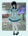  1girl absurdres apron black_hair blue_shirt commentary dress highres kaneda-san_(6ztlmizn8gmcthp) looping_the_rooms_(vocaloid) looping_the_rooms_girl maid maid_apron maid_headdress mary_janes party photo_background puffy_sleeves shirt shoes socks solo white_apron white_socks wolf_cut wrist_cuffs 