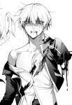  1boy absurdres amputee anger_vein bleeding blood blood_on_clothes blood_on_face clenched_teeth dismemberment fate/stay_night fate_(series) gilgamesh_(fate) gilgamesh_(immoral_biker_jacket)_(fate) greyscale gz_(gyoju) highres injury jacket looking_at_viewer male_focus monochrome open_mouth shirt shirt_partially_removed short_hair simple_background solo sweatdrop teeth turn_pale upper_body white_background 