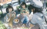  3girls :d ^_^ absurdres alternate_costume animal_ear_headwear arknights arknights:_endfield artist_name beret black_hair blurry blurry_background blush cake cake_slice cellphone chen_qianyu_(arknights) chinese_commentary closed_eyes commentary_request cup day dragon_horns eastern_dragon_horns endministrator_(arknights) fang female_endministrator_(arknights) food fork fruit green_shirt grey_shirt hat highres holding holding_phone horns lemon lemon_slice moloo27 multiple_girls open_mouth outdoors overalls phone revision round_table saucer shadow shirt skin_fang smile table tangtang_(arknights) teacup tearing_up teeth undershirt upper_teeth_only vase white_hat white_shirt yellow_overalls 