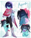  1girl 1other aqua_(deltarune) aqua_dress aqua_skin armor black_hair blue_hair bow character_name colored_skin commentary covered_eyes deltarune dress flower grid_background hair_bow height_difference highres holding holding_flower kris_(dark_world)_(deltarune) kris_(deltarune) multiple_views petals pink_scarf ponzudayooooo32 purple_flower red_bow scarf sleeves_past_fingers sleeves_past_wrists twintails untranslatable_commentary utdr_(toby_fox) 