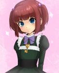  1girl :d aged_down arms_behind_back black_eyes blue_eyes blush bob_cut bow bowtie child closed_mouth commentary dress english_commentary frilled_dress frills green_dress grey_skirt hair_bobbles hair_ornament head_tilt highres jewelry juliet_sleeves key long_sleeves looking_at_viewer monochrome necklace optaku parted_lips pendant puffy_long_sleeves puffy_sleeves purple_bow red_hair short_hair sidelocks sketch skirt smile solo sparkle standing traditional_media two_side_up umineko_no_naku_koro_ni upper_body ushiromiya_ange ushiromiya_ange_(young) very_short_hair 