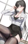  1girl absurdres adjusting_eyewear arm_behind_back arya_kuroha arya_kuroha_(3rd_costume) black_hair black_skirt black_thighhighs breasts character_name cleavage collared_shirt commentary copyright_name dress_shirt earrings glasses hair_ornament hairclip hand_on_eyewear hand_rest highres indoors jewelry kairi_(miry666) large_breasts long_hair long_sleeves looking_at_viewer miniskirt name_tag necklace office_lady pink_eyes ponytail shirt shirt_tucked_in side_slit skirt solo thighhighs virtual_youtuber vspo! vspo!_en white_shirt 
