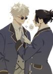  2boys adjusting_clothes adjusting_necktie black_hair blue_eyes blue_jacket blue_necktie collared_shirt commentary_request english_text eyelashes geto_suguru gojo_satoru grey_hair hair_bun highres jacket jujutsu_kaisen male_focus multiple_boys necktie open_mouth rizurin round_eyewear shirt simple_background sparkle speech_bubble sunglasses white_background 