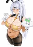  1girl absurdres ahoge animal_ear_hairband animal_ears aoma6026 between_breasts bikini black_hiphighs breasts clothes_between_breasts commentary cup detached_collar drinking_glass eyepatch_bikini fake_animal_ears frontless_outfit glass gloves hair_ornament hairband heart_maebari highres hiphighs holding holding_plate large_breasts long_hair looking_at_viewer maebari necktie necktie_between_breasts pantyhose plate playboy_bunny ponytail rabbit_ear_hairband rabbit_ears reverse_bunnysuit reverse_outfit strapless strapless_bikini swimsuit thigh_strap white_gloves white_hair wrist_cuffs yellow_bikini yellow_eyes yellow_necktie yixuan_(zenless_zone_zero) zenless_zone_zero 