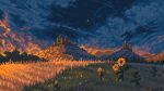  artist_name blue_sky cloud cloudy_sky commentary english_commentary evening flower hill landscape meadow michspich no_humans original outdoors pixel_art ruins scenery sky star_(sky) sunflower yellow_flower 