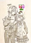  !? 2girls ange_katrina ange_katrina_(casual) animal_hood belt blush bow bowtie cardigan choker closed_eyes closed_mouth commentary_request crossed_bangs fang fang_out flying_sweatdrops glasses graphite_(medium) hair_between_eyes hair_intakes hair_ornament hairclip hand_up head_on_another's_shoulder heart highres holding_hands hood hood_up hooded_jacket jacket long_sleeves miniskirt mole mole_under_eye monochrome multiple_girls nijisanji noharano off_shoulder open_clothes open_jacket panda_hood pants paper_texture pendant_choker pico_cat pico_park plaid_clothes plaid_skirt pleated_skirt reference_inset sasaki_saku sasaki_saku_(1st_costume) scratching_cheek screenshot_inset sepia shirt shirt_partially_tucked_in short_hair side-by-side simple_background skirt smile spot_color sweatdrop t-shirt traditional_media virtual_youtuber yuri 