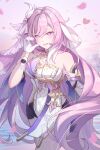  1girl absurdres bare_shoulders black_shorts breasts chinese_commentary commentary_request commission corset diamond-shaped_pupils diamond_(shape) elysia_(herrscher_of_human:_ego)_(honkai_impact) elysia_(honkai_impact) falling_petals gloves half-heart_hands heart highres honkai_(series) honkai_impact_3rd izfafafa large_breasts long_hair looking_at_viewer multicolored_hair petals pink_hair purple_eyes second-party_source short_shorts shorts smile solo symbol-shaped_pupils triquetra two-tone_hair very_long_hair white_corset white_gloves white_hair 