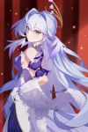  1girl absurdres bare_shoulders blue_hair breasts collar commentary_request detached_sleeves dress earrings face_jewel feather_boa gloves green_eyes halo halo_behind_head head_wings highres honkai:_star_rail honkai_(series) jewel_under_eye jewelry large_breasts long_hair purple_collar purple_dress riyue_chegan robin_(honkai:_star_rail) sideboob two-tone_dress very_long_hair white_dress white_gloves white_wings wings 