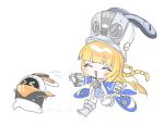  >_< 1girl 1other bangboo_(zenless_zone_zero) blonde_hair blue_jacket blush chasing chibi closed_eyes commentary eous_(zenless_zone_zero) full_body gloves grey_hat grey_helmet hat helmet highres jacket large_hat long_hair mw_01m norma_hollowell open_mouth running shako_cap simple_background thighhighs white_background white_gloves white_thighhighs zenless_zone_zero 