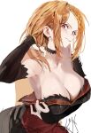  1girl absurdres armpits bare_shoulders black_bridal_gauntlets braid braided_bangs breasts bridal_gauntlets choker cleavage commentary detached_sleeves dress feather_trim hair_pulled_back highres lace-trimmed_choker lace_trim large_breasts layered_dress long_hair looking_at_viewer orange_hair priscilla_barielle re:zero_kara_hajimeru_isekai_seikatsu red_dress red_eyes secondhand9280 single_braid solo undressing untranslatable_commentary upper_body white_background 