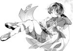  1boy absurdres artist_name belt blunt_ends bow bridal_gauntlets cape clenched_hand commentary_request crossed_legs eyeshadow floating_cape foaaaaaaau full_body gem genshin_impact greyscale hair_between_eyes hand_on_own_head highres jewelry leg_warmers looking_at_viewer makeup male_focus mandarin_collar missing_headwear monochrome necklace one_eye_closed open_clothes open_shirt pom_pom_(clothes) ring sandals scaramouche_(genshin_impact) short_hair short_sleeves shorts simple_background single_bare_shoulder socks solo tank_top tassel toenails tongue tongue_out vision_(genshin_impact) wanderer_(genshin_impact) 