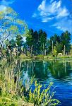  blue_sky cloud commentary day english_commentary forest grass kate_avery landscape nature no_humans oil_painting_(medium) original outdoors painting_(medium) pond reflection reflective_liquid scenery sky traditional_media tree water 