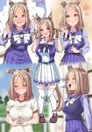  1girl animal_ears blonde_hair blush bow bowtie breasts commentary_request ear_covers ear_ornament embarrassed gym_uniform highres horse_ears horse_girl horse_racing_track horse_tail large_breasts long_sleeves medium_hair multiple_views narita_top_road_(umamusume) open_mouth pleated_skirt puffy_short_sleeves puffy_sleeves purple_bow purple_bowtie purple_serafuku purple_shirt purple_skirt school_uniform serafuku shino_(ponjiyuusu) shirt short_sleeves single_ear_cover skirt summer_uniform sweatdrop tail tracen_school_uniform tracen_training_uniform umamusume white_bow white_bowtie white_skirt winter_uniform 