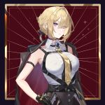 1175512414l 1girl absurdres arm_strap black_gloves black_pants blonde_hair breasts coat coat_on_shoulders commentary earrings elbow_gloves evelyn_chevalier gloves half_gloves hand_on_own_hip harness high-waist_pants highres jewelry large_breasts latex latex_pants necktie pants purple_eyes shirt short_hair single_elbow_glove single_half_glove sleeveless tight_clothes tight_pants white_shirt yellow_necktie zenless_zone_zero 