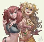  2girls atlanta_(kancolle) atlanta_(swimsuit)_(kancolle) back-to-back bikini blonde_hair blue_eyes breasts brown_hair commentary dated english_commentary finger_gun front-tie_bikini_top front-tie_top grey_bikini grey_eyes highres index_finger_raised kantai_collection large_breasts layered_bikini long_hair looking_at_viewer mesh minneapolis_(kancolle) minneapolis_(swimsuit)_(kancolle) multiple_girls open_mouth orange_sarong ron_(pixiv83091338) sarong side-tie_bikini_bottom signature smile swimsuit teeth twitter_username two_side_up upper_teeth_only white_background white_bikini 