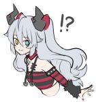  !? 1girl bare_shoulders black_horns black_shirt blue_eyes closed_mouth commentary_request cropped_torso detached_sleeves grey_hair hair_between_eyes heterochromia horns isuka lindverne_sunbringer long_hair looking_at_viewer mechanical_horns official_alternate_costume red_nails red_shirt shirt simple_background smile solo striped_clothes striped_shirt two-tone_shirt white_background yellow_eyes zenless_zone_zero 