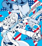  1boy 1girl american_flag american_flag_print animal_ears blue_theme boku_no_hero_academia breasts coat commentary_request crossover curly_hair flag_print funny_valentine gloves grin highleg highleg_leotard jojo_no_kimyou_na_bouken kid_(kidocchi) leotard long_hair medium_breasts mirko outstretched_arms rabbit_ears rotational_symmetry smile star_(symbol) steel_ball_run thick_thighs thighhighs thighs 