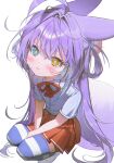  1girl :t absurdres ahoge animal_ears blue_eyes blue_thighhighs blush bright_pupils closed_mouth collared_shirt commentary crossed_bangs fox_ears fox_girl fox_tail full_body hair_between_eyes hair_intakes heterochromia highres ksup long_hair looking_at_viewer miniskirt neck_ribbon pleated_skirt purple_hair red_ribbon red_skirt ribbon shirt shoes short_sleeves simple_background skirt solo squatting stellive striped_clothes striped_thighhighs tail tearing_up tenko_shibuki tenko_shibuki_(1st_costume) thighhighs untranslatable_commentary v-shaped_eyebrows very_long_hair virtual_youtuber white_background white_shirt white_shoes yellow_eyes zettai_ryouiki 