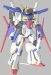  aeug asada-masao beam_cannon blue_eyes commentary derivative_work grey_background gundam gundam_zz mecha mecha_focus mobile_suit no_humans robot science_fiction shield solo v-fin zz_gundam 