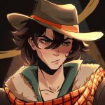  1girl absurdres blue_eyes blue_shirt closed_mouth collarbone collared_shirt cowboy_hat cowgirl_(western) deadlock_(game) freckles fur-trimmed_jacket fur_trim furrowed_brow hair_between_eyes hat highres holliday_(deadlock) jacket open_collar orange_scarf plaid_clothes plaid_scarf popped_collar scarf shirt short_hair skakadgen solo 