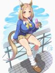  1girl admire_vega_(starry_nocturne)_(umamusume) admire_vega_(umamusume) against_railing alternate_breast_size_(larger) animal_ears blonde_hair blue_cardigan blush bow breasts brown_shoes brown_skirt cardigan cellphone cellphone_charm character_charm charm_(object) collared_shirt commentary_request ear_covers flip_phone ghost_rea holding holding_phone horse_ears horse_girl horse_tail large_breasts long_sleeves looking_at_viewer narita_top_road_(umamusume) phone pleated_skirt purple_eyes railing shirt shoes short_hair single_ear_cover sitting skirt solo t.m._opera_o_(o_sole_suo!)_(umamusume) t.m._opera_o_(umamusume) tail umamusume white_shirt yellow_bow 