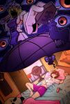  2girls animal_print bed bedroom blanket blonde_hair blush board_game bow breasts brown_hair butterfly_print cape cellphone commentary disembodied_eye dreaming dress electric_fan english_commentary fedora flip_phone folding_fan gap_(touhou) glasses hand_fan hand_under_clothes hand_under_shirt hat hat_bow hat_ribbon hayoibu highres holding_shogi_piece long_hair long_sleeves medium_breasts midriff mob_cap multiple_girls navel panda phone pillow purple_bow purple_shorts purple_tabard red-framed_eyewear ribbon semi-rimless_eyewear shaded_face shirt shogi shogi_piece short_hair shorts skirt stuffed_animal stuffed_toy tabard touhou under-rim_eyewear unworn_eyewear usami_sumireko white_shirt yakumo_yukari 