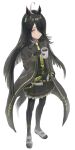  1girl absurdres ahoge animal_ears black_choker black_coat black_gloves black_hair black_pantyhose black_shirt black_skirt choker coat coffee coffee_mug collared_shirt commentary cup ear_tag earrings gloves hair_between_eyes highres holding holding_cup horse_ears horse_girl horse_tail jewelry long_bangs long_hair long_hair_between_eyes long_sleeves manhattan_cafe_(creeping_shadow)_(umamusume) manhattan_cafe_(umamusume) mug multicolored_hair nao_toyooooo necktie pantyhose parted_lips shirt shoes single_earring skirt smile solo tail umamusume white_hair yellow_eyes yellow_necktie 