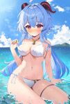  1girl alternate_costume arm_support bell bikini blue_hair blue_sky blush breasts closed_mouth cloud commentary cowboy_shot day ganyu_(genshin_impact) genshin_impact goat_horns highres horizon horns large_breasts long_hair looking_at_viewer mountain navel neck_bell ocean outdoors partially_submerged purple_eyes revision side-tie_bikini_bottom sitting sky smile solo stomach string_bikini sunlight swimsuit thigh_strap tsukise_miwa underboob wardrobe_malfunction white_bikini 