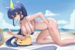 1girl ass azur_lane bare_shoulders beach bikini blue-tinted_eyewear blue_bikini blue_hair breasts cleavage commentary_request feet_out_of_frame green-tinted_eyewear heterochromatic_eyewear highres large_breasts long_hair looking_at_viewer manjuu_(azur_lane) new_jersey_(azur_lane) new_jersey_(midsummer_leisure)_(azur_lane) o-ring o-ring_bikini obniermarbiss official_alternate_costume outdoors solo swimsuit thong thong_bikini tinted_eyewear triangle_bikini_top triangular_eyewear very_long_hair 