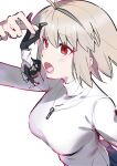  1boy 1girl antenna_hair arcueid_brunestud black_eyes black_hair black_pants black_sleeves blonde_hair blue_skirt blush breasts commentary_request fangs folding_knife from_above giant giantess glasses hair_between_eyes hand_up highres holding holding_knife holding_mini_person jacket jewelry knife lower_teeth_only medium_breasts messy_hair mini_person miniskirt multicolored_jacket nanatsu-yoru necklace numuhe official_alternate_costume open_clothes open_jacket open_mouth pants plaid_clothes plaid_skirt red_eyes reverse_grip shirt short_hair sidelocks single_hair_intake skirt slit_pupils sweat sweater switchblade teeth tohno_shiki tsukihime tsukihime_(remake) turtleneck turtleneck_sweater two-tone_jacket upper_body upside-down white_shirt white_sweater 