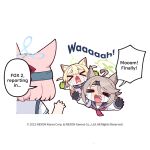  >_< 3girls ahoge animal_ear_fluff animal_ears blonde_hair blue_archive blue_halo blue_sailor_collar brown_hair chibi closed_eyes commentary crying donmin_h english_commentary english_text fang fox_ears gloves green_gloves green_halo halo hand_up kurumi_(blue_archive) long_hair long_sleeves medium_hair multiple_girls niko_(blue_archive) niko_(part-time)_(blue_archive) official_art open_mouth otogi_(blue_archive) outstretched_arms pink_hair sailor_collar second-party_source shirt speech_bubble streaming_tears tears white_shirt 