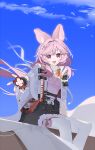  1girl :d absurdres ahoge animal_ear_fluff animal_ears arknights black_skirt blue_sky cape carrot chinese_commentary cloud commentary_request commission day feet_out_of_frame fingerless_gloves fur-trimmed_skirt fur_trim gloves highres long_hair looking_at_viewer open_mouth orange_gloves outdoors pink_eyes pink_hair pink_shirt rabbit_ears rabbit_girl shirt sitting skirt sky smile solo thighhighs thumpy_(arknights) white_cape white_thighhighs yup_(yu_pai) 