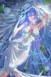 1girl absurdres animal_print arm_behind_head armpits azur_lane bare_shoulders blue_flower blue_hair blush breasts butterfly_print character_name commentary_request covered_navel dress dustar812 elbow_gloves flower from_above gloves hair_between_eyes half-closed_eyes hand_up happy_birthday helena_(azur_lane) helena_(miracle_in_white)_(azur_lane) highres hip_focus light_smile long_hair looking_at_viewer lying medium_breasts on_back purple_eyes see-through_clothes see-through_dress sleeveless sleeveless_dress solo very_long_hair wedding_dress wet wet_clothes wet_dress wet_hair white_dress white_gloves 