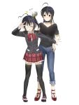  2girls :o absurdres ahoge belt_collar black_collar black_hair black_shirt black_shoes black_thighhighs blue_pants blush bonk bra bra_visible_through_clothes breasts chuunibyou_demo_koi_ga_shitai! closed_eyes closed_mouth collar commentary_request double-parted_bangs eyepatch flat_chest frilled_skirt frills full_body grey_jacket hair_between_eyes hand_on_own_hip hand_up high_heels highres holding holding_ladle huge_ahoge jacket kurono_nya ladle light_blush light_frown long_sleeves medium_breasts miniskirt multicolored_shoes multiple_girls neckerchief open_mouth pants pants_rolled_up plaid_clothes plaid_skirt red_bra red_eyes red_neckerchief red_shoes red_skirt shirt shoes short_sleeves siblings simple_background sisters skirt split_mouth standing takanashi_rikka takanashi_touka thighhighs translation_request two-tone_shoes underwear v-neck w w_over_eye white_background white_shirt white_shoes zettai_ryouiki 