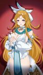  1girl absurdres adapted_costume animal_ears blonde_hair blue_eyes breasts commentary_request cowboy_shot detached_sleeves fake_animal_ears highres horizontal_spotlight idolmaster idolmaster_million_live! idolmaster_million_live!_theater_days kamen_per large_breasts leotard long_hair long_sleeves looking_at_viewer nontraditional_playboy_bunny rabbit_ears red_hair shinomiya_karen solo standing white_leotard white_sleeves 