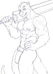  abs anthro armpit_hair band-aid bandage barbell_piercing biceps big_sword biped body_hair claws digital_media_(artwork) dimtarius ear_piercing eyebrow_piercing facial_piercing flaccid foreskin genitals glans grin hand_on_hip hi_res holding_object holding_weapon humanoid_genitalia humanoid_penis line_art looking_at_viewer lutrine male mammal melee_weapon monochrome muscular muscular_anthro muscular_male mustelid nipple_barbell nipple_piercing nipples nude pecs penis piercing portrait pose pubes scar simple_background sketch smile solo tagme three-quarter_portrait weapon white_background 