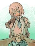  2boys baka_to_test_to_shoukanjuu blazer blue_necktie blue_pants blush_stickers brown_hair brown_jacket clothes_pull commentary cowboy_shot double-parted_bangs fingernails fumizuki_academy_school_uniform green_background green_eyes hair_between_eyes hands_on_another's_stomach jacket kinoshita_hideyoshi lapels long_sleeves looking_at_another male_focus medium_hair mochihada multiple_boys navel necktie notched_lapels open_clothes open_fly open_jacket open_mouth open_pants opening_own_clothes pants pants_pull pov pov_hands school_uniform sidelocks solo_focus standing stomach straight-on striped_male_underwear trap undressing yaoi 