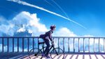  1boy bicycle blue_sky bridge cloud commentary_request contrail from_side highres looking_up on_bicycle original outdoors profile railing riding riding_bicycle school_uniform shadow short_hair sky taizo_(taizo_03) 